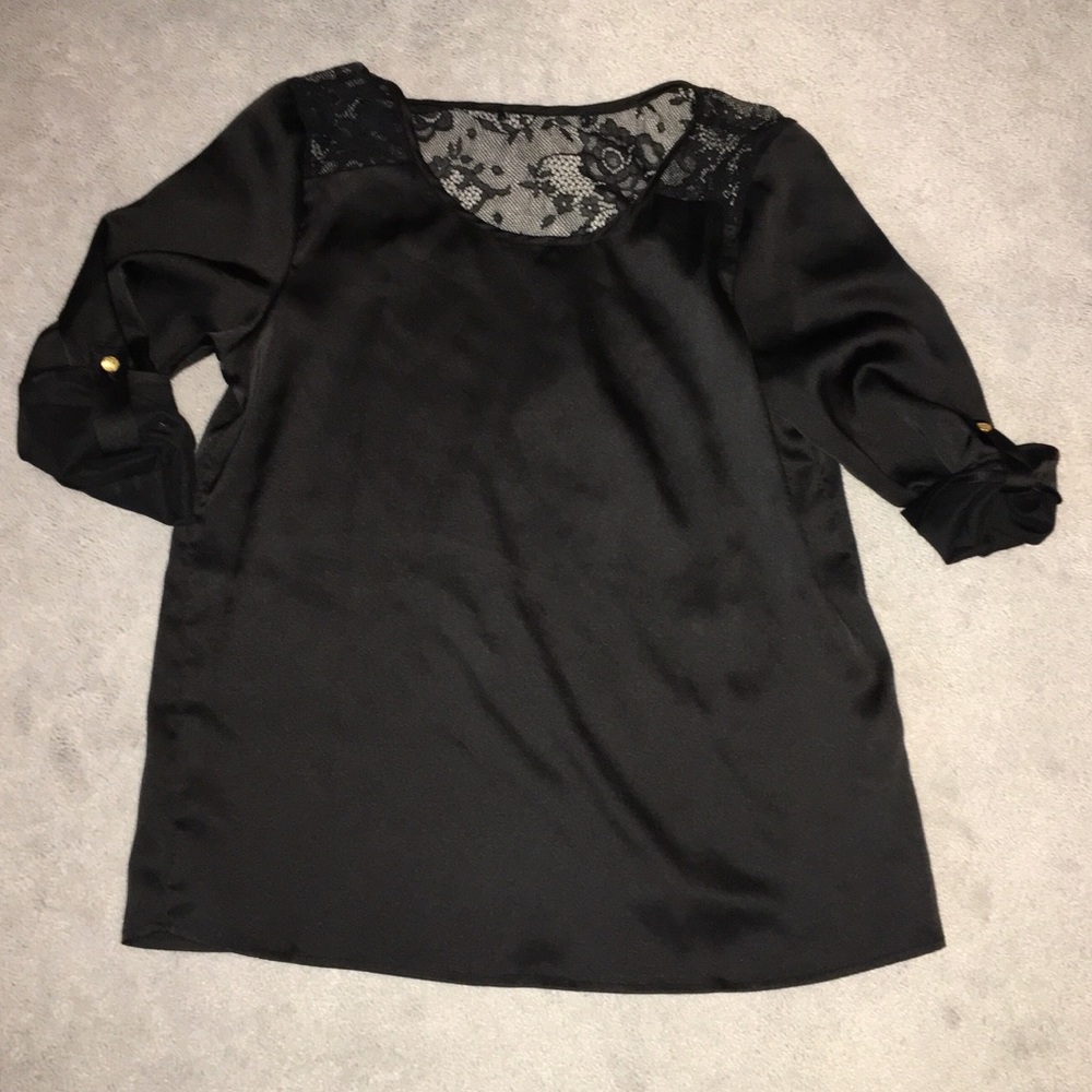 F21 Black Satin Top with lace Yoke